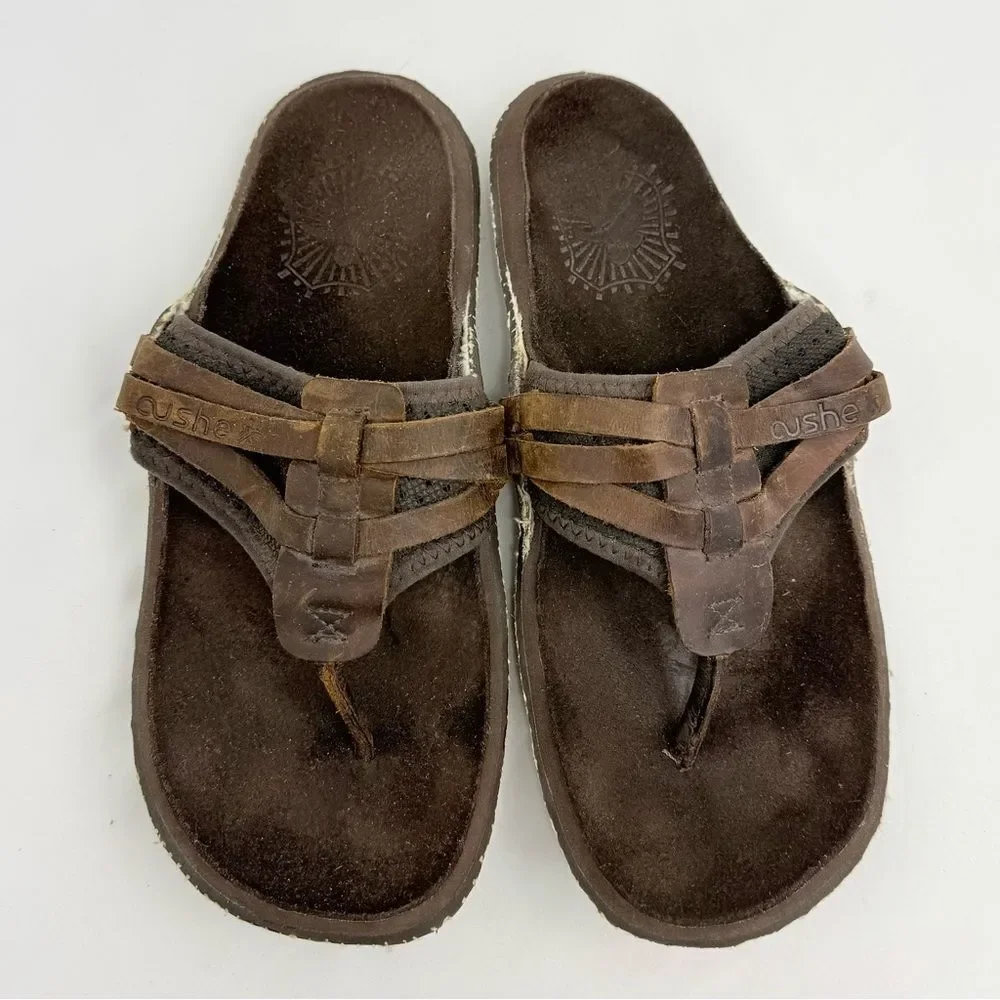 Cushe MANUKA Brown Leather Woven Upper Thong Toe Slip on Flipflop Sandals